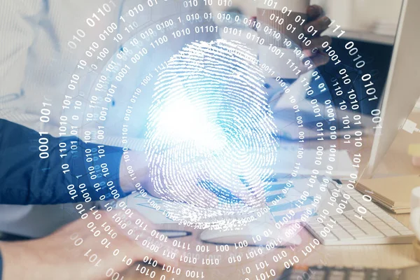 Holograma de huellas dactilares con hombre de negocios trabajando en la computadora en segundo plano. Concepto de seguridad. Doble exposición. —  Fotos de Stock