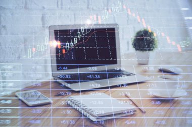 Eski pazar grafiği hologramı ve kişisel bilgisayar geçmişi. Çifte maruziyet. Yatırım kavramı.