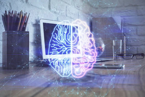 Doble Exposición Computadora Escritorio Cerebro Humano Dibujo Holograma Concepto —  Fotos de Stock
