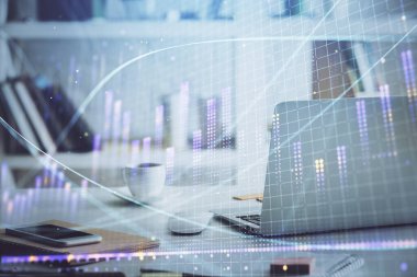 Kişisel bilgisayar arkaplanına çizilmiş borsa hologramı. Çoklu maruz kalma. Yatırım kavramı.