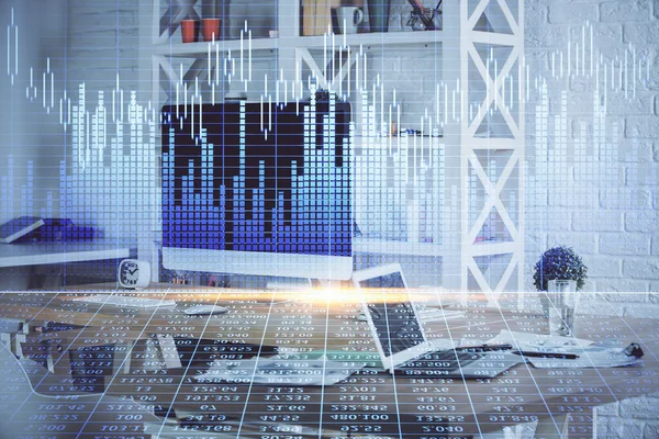 Double exposure of chart and financial info and work space with computer background. Concept of international online trading.