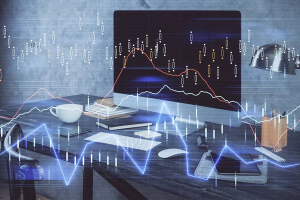 Фінансовий Граф Барвистий Малюнок Стіл Комп Ютером Фоні Багаторазова Експозиція — стокове фото