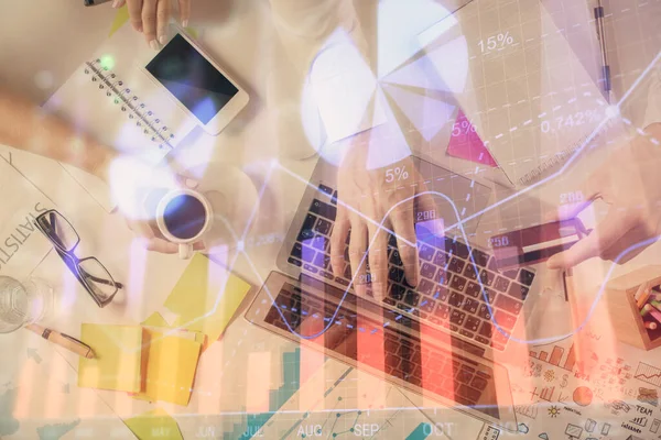 Multi exposure of mans hands typing over computer keyboard and forex graph hologram drawing. Top view. Financial markets concept. — Stock Photo, Image