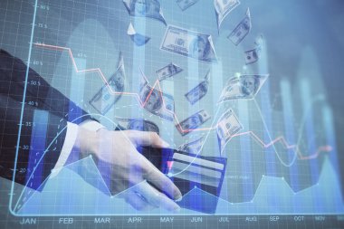 Finansal grafiğe çoklu pozlama hologram, Amerikan dolarları ve insan eli. Analiz kavramı.