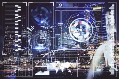 Veri temalı hologram gökdelenler arka planda çoklu pozlama ile şehir görünümüne çizim yapıyor. Ai kavramı.