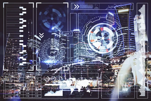 Datové téma hologram kreslení na pohled na město s mrakodrapy pozadí multi expozice. Ai koncept. — Stock fotografie