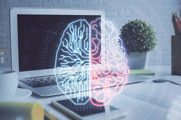 Doble exposición del espacio de trabajo con holograma de dibujo de computadora y cerebro humano. Concepto de tormenta de ideas. —  Fotos de Stock