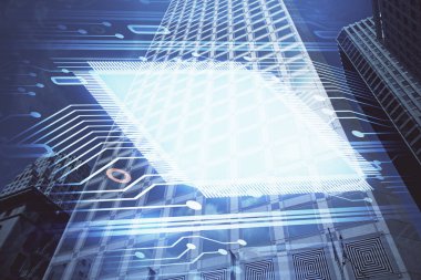 Veri temalı hologram gökdelenler arka planda çoklu pozlama ile şehir görünümüne çizim yapıyor. Büyük veri kavramı.