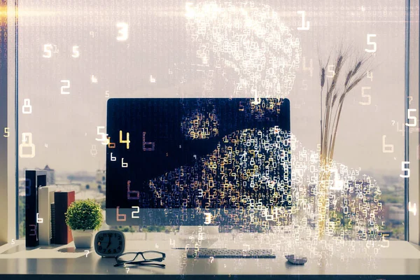 Ordenador en el escritorio en la oficina con la tecnología tema holograma. Doble exposición. Concepto técnico. —  Fotos de Stock