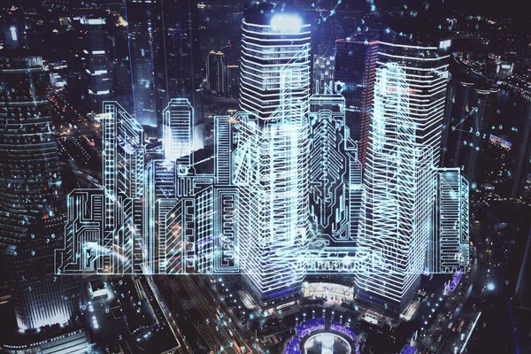 Dubbele blootstelling van gebouwen hologram over stadsgezicht achtergrond. Concept van slimme stad. — Stockfoto