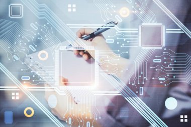 Arka plana veri teknolojisi hud 'u ile el yazısı yazan kadınların çoklu pozları. Yenilik kavramı.