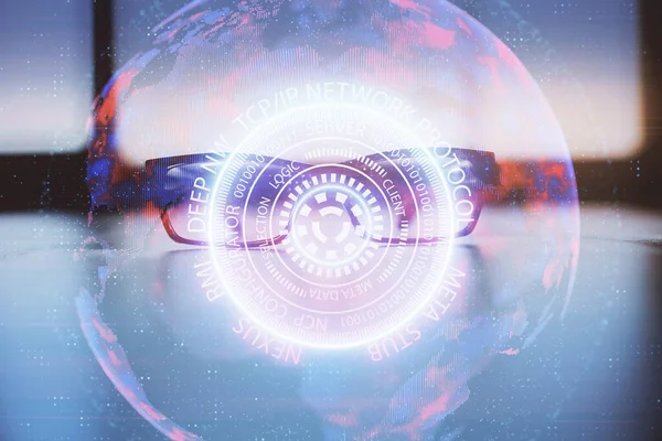 Tech tema hologram med briller på bordet baggrund. Teknologisk koncept. Dobbelt eksponering. - Stock-foto