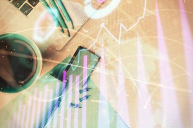 Bilgisayarla masaüstü arkaplanı üzerinde ön x grafik çizimi çift pozlama. Finansal analiz kavramı. Üst görünüm.