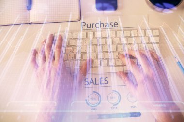 Dizüstü bilgisayar klavyesini ve ön x çizim hologramını yazarken çift pozlama. Üst Manzara. Finans piyasası kavramı.