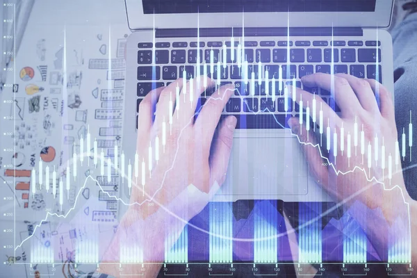 Double exposure of mans hands typing over laptop keyboard and forex chart hologram drawing. Top view. Financial markets concept. — Stock Photo, Image