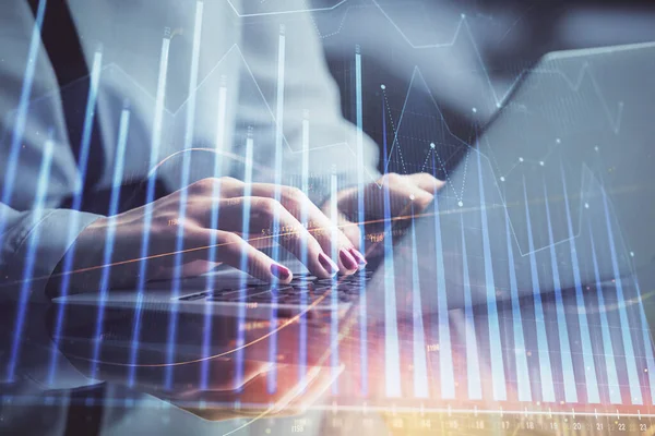 Double exposure of businesswoman hands typing on computer and financial graph hologram drawing. Stock market analysis concept. — Stock Photo, Image