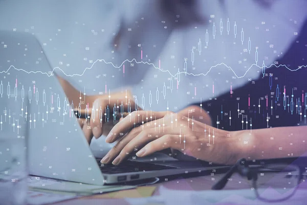 Multi exposure of woman hands typing on computer and financial graph hologram drawing. Stock market analysis concept. — Stock Photo, Image