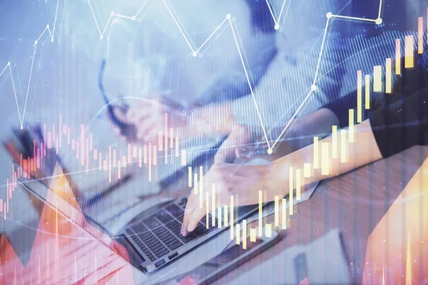 Multi exposure of woman hands typing on computer and financial chart hologram drawing. Stock market analysis concept. — Stock Photo, Image