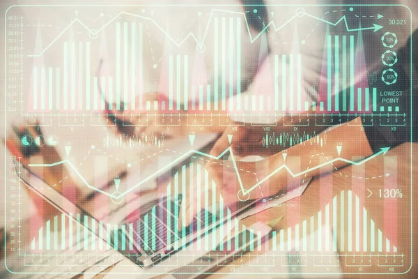 Multi exposure of woman hands typing on computer and financial chart hologram drawing. Stock market analysis concept. — Stock Photo, Image