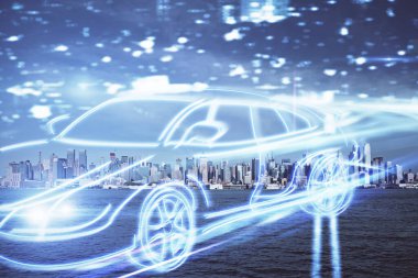 Ulaşım temalı hologram çizimi ve şehir manzaralı arka plan çifte pozlama. Otomatik pilotu kabul et.