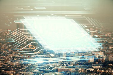 Veri temalı hologram gökdelenlerin arka planında çift pozlama ile şehir görünümüne çizim yapıyor. Teknoloji konsepti.