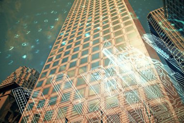 Şehrin arka planında binaların hologramlarına iki kez maruz kalmışlar. Akıllı şehir kavramı.