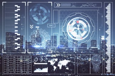 Veri temalı hologram gökdelenlerin arka planında çift pozlama ile şehir görünümüne çizim yapıyor. Ai kavramı.