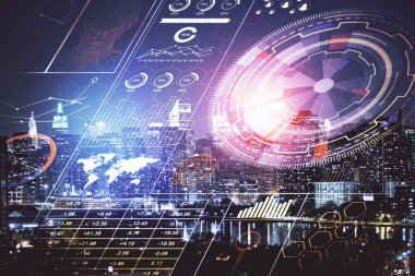 Veri temalı hologram gökdelenlerin arka planında çift pozlama ile şehir görünümüne çizim yapıyor. Ai kavramı.