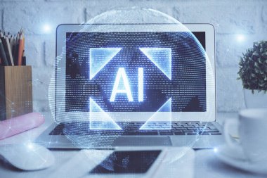 Arka planda kişisel bilgisayarı ve teknik tema çizimi olan iki kat masaüstü görüntüsü. Büyük Veri Kavramı.