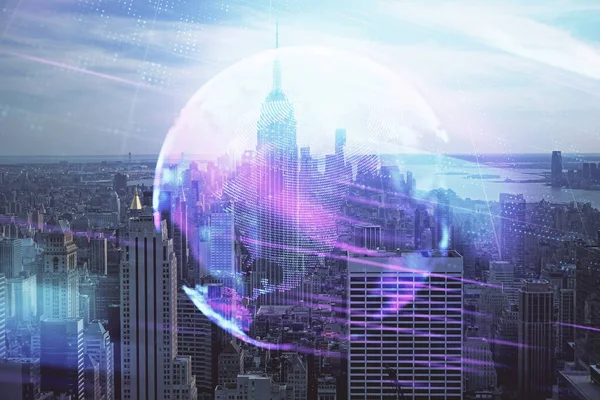 Double exposure of technology theme hologram and cityscape background. Concept of Hightech. — Stock Photo, Image