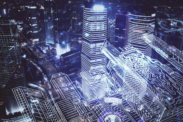 Dupla exposição do holograma dos edifícios sobre o fundo da paisagem urbana. Conceito de cidade inteligente. — Fotografia de Stock
