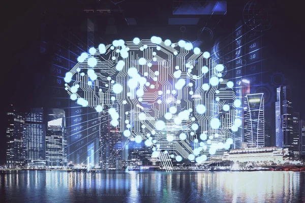 Holograma cerebral dibujado sobre fondo de paisaje urbano Doble exposición. Concepto de lluvia de ideas. — Foto de Stock