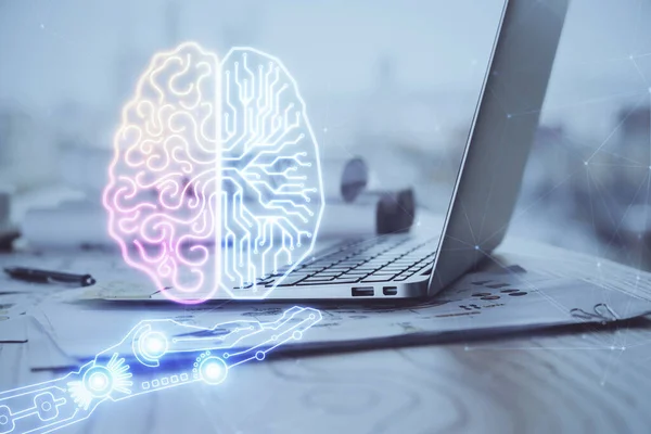 Dvojité vystavení stolního počítače a lidského mozku kreslení hologramu. Ai koncept. — Stock fotografie