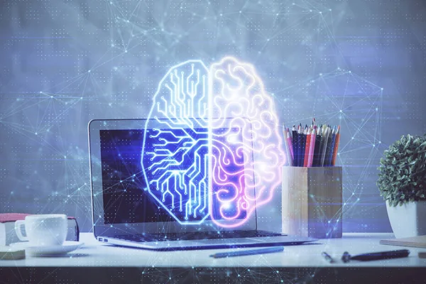 Doble exposición de la computadora de escritorio y el cerebro humano dibujo holograma. Concepto Ai . —  Fotos de Stock