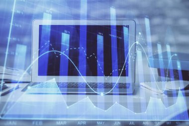 Eski pazar grafiği hologramı ve kişisel bilgisayar geçmişi. Çoklu maruz kalma. Yatırım kavramı.