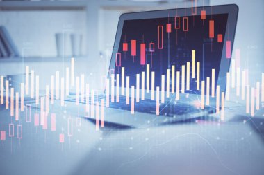 Bilgisayar geçmişi olan eski grafik hologramı. Çoklu maruz kalma. Finans piyasası kavramı.