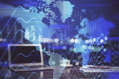 Kişisel bilgisayar arkaplanına çizilmiş borsa hologramı. Çifte maruziyet. Yatırım kavramı.