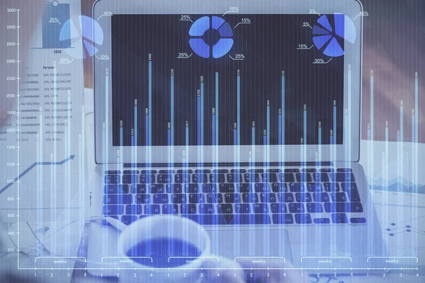 Double exposure of forex graph and work space with computer. Concept of international online trading. — Stock Photo, Image
