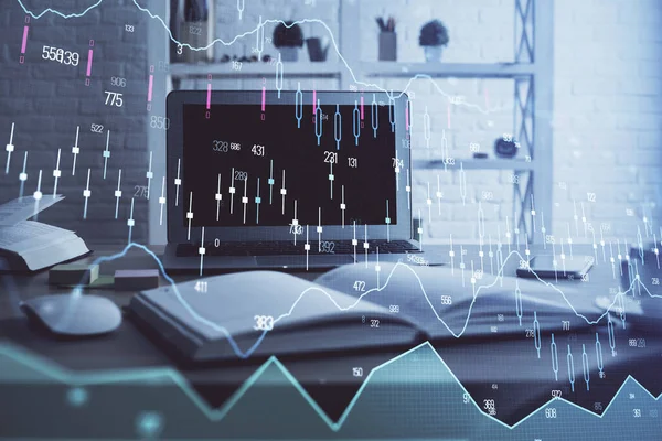 Financial market graph hologram and personal computer on background. Multi exposure. Concept of forex. — Stock Photo, Image