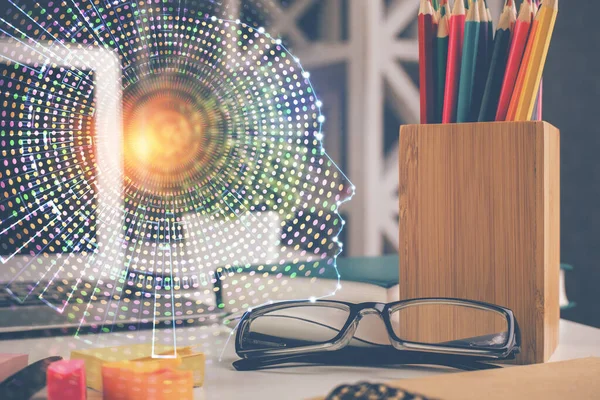 Brain drawings with glasses on the table background. Double exposure. — Stock Photo, Image