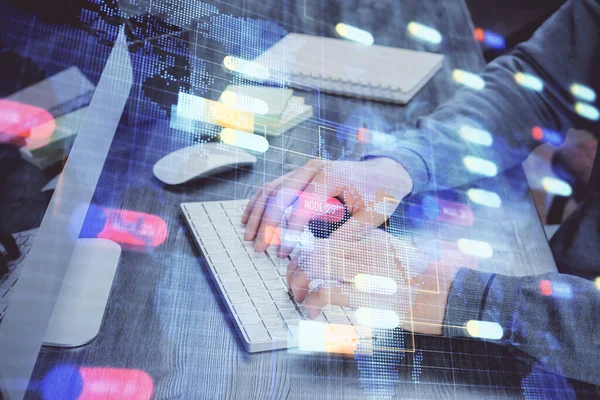 Doppelbelichtung des Technologie-Hologramms mit Menschen, die am Computer-Hintergrund arbeiten. Konzept von Big Data. — Stockfoto