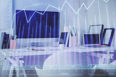 Borsa grafik çizimi ve ofis içi arka planının iki katına çıkarılması. Mali analiz kavramı.