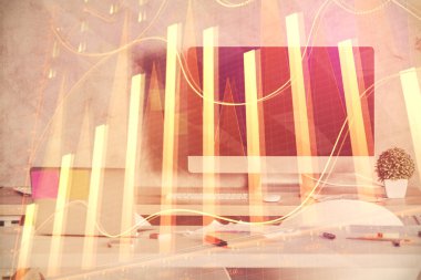 Finansal grafik çizimi ve ofis içi arka planının çoklu pozu. Pazar analizi kavramı.