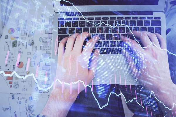 Dizüstü bilgisayar klavyesini ve ön x çizim hologramını yazarken çift pozlama. Üst Manzara. Finans piyasası kavramı. — Stok fotoğraf