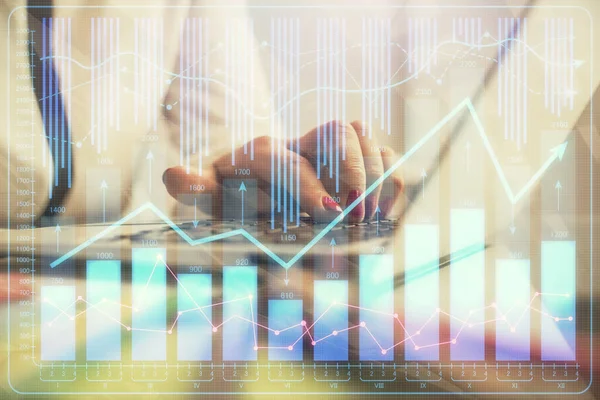 Double exposure of businesswoman hands typing on computer and financial graph hologram drawing. Stock market analysis concept. — Stock Photo, Image