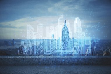 Şehrin arka planında binaların hologramlarına iki kez maruz kalmışlar. Akıllı şehir kavramı.