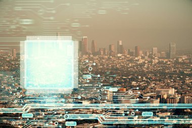 Veri temalı hologram gökdelenlerin arka planında çift pozlama ile şehir görünümüne çizim yapıyor. Teknoloji konsepti.