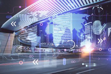 Şehir görünümünde harita ve veri temalı hologram ile gökdelenler arka planda çift pozlama. İş kavramında uluslararası teknoloji.