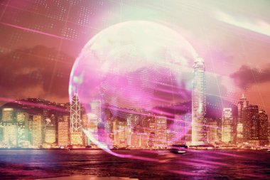 Teknoloji temalı hologramın ve şehrin arka planının iki katına çıkarılması. Yüksek Teknoloji kavramı.