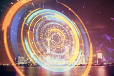 Teknoloji temalı hologramın ve şehrin arka planının iki katına çıkarılması. Yüksek Teknoloji kavramı.